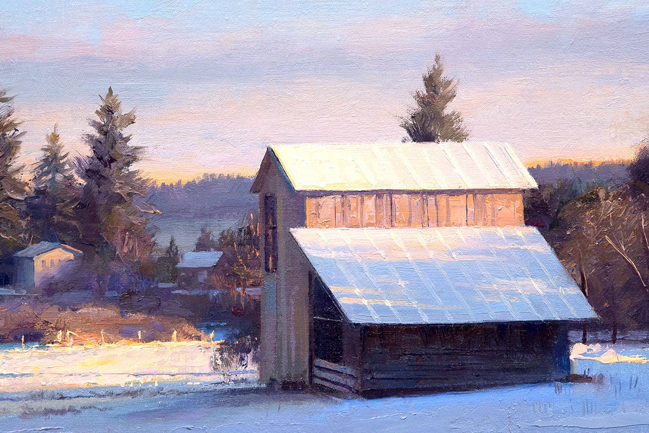 “Sheep Barn, Winter Morning,” oil painting on linen by James Tennison.                                Part of December show at Rob Schouten Gallery, Langley.