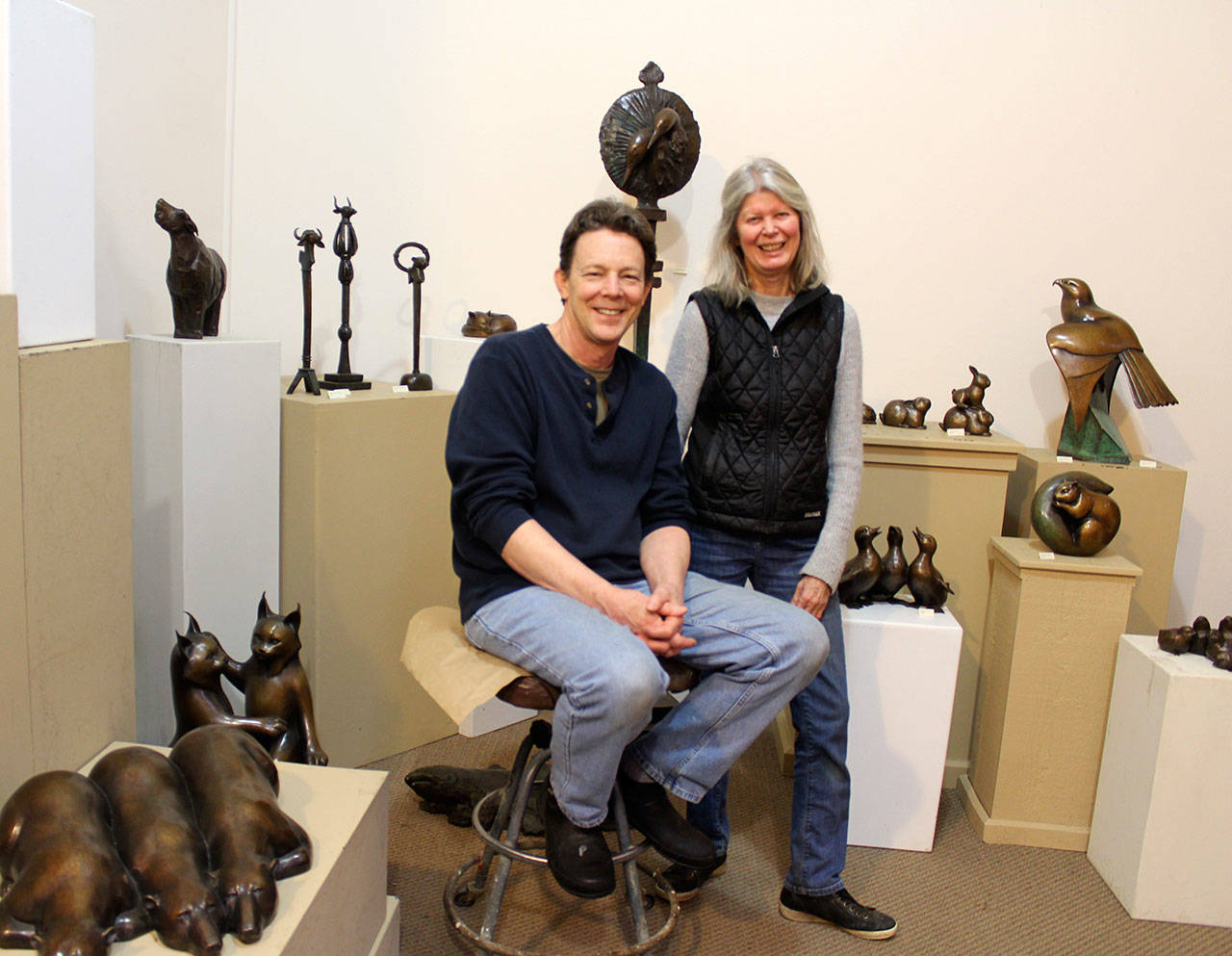 Randy Hudson and Georgia Gerber in their Clinton studio gallery. (Photo by Patricia Guthrie/Whidbey News Group)