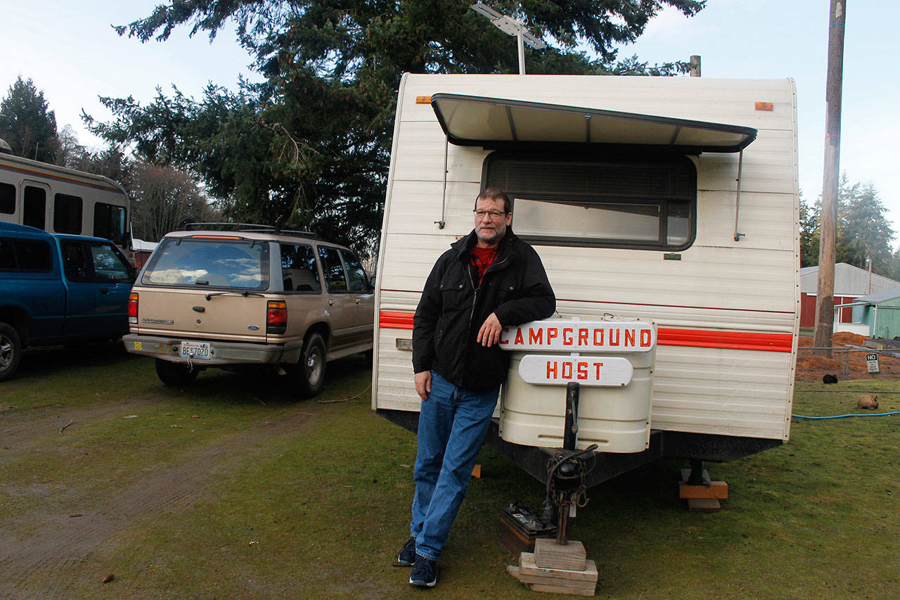Ben Wooldridge is back as campground host at Island County Fairgrounds after surviving a fire that destroyed his motor home. He lives in a new trailer given to him by a friend. Photo by Patricia Guthrie/Whidbey New Group
