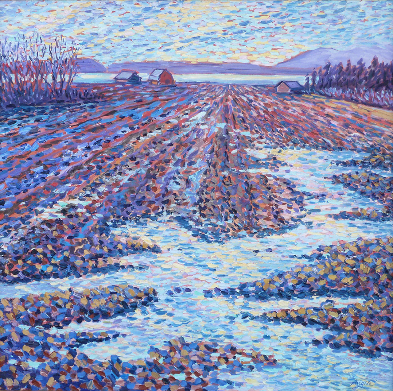 “Wintery Reflections” by Angele Woolery. Oil on canvas at Rob Schouten Gallery, Langley.