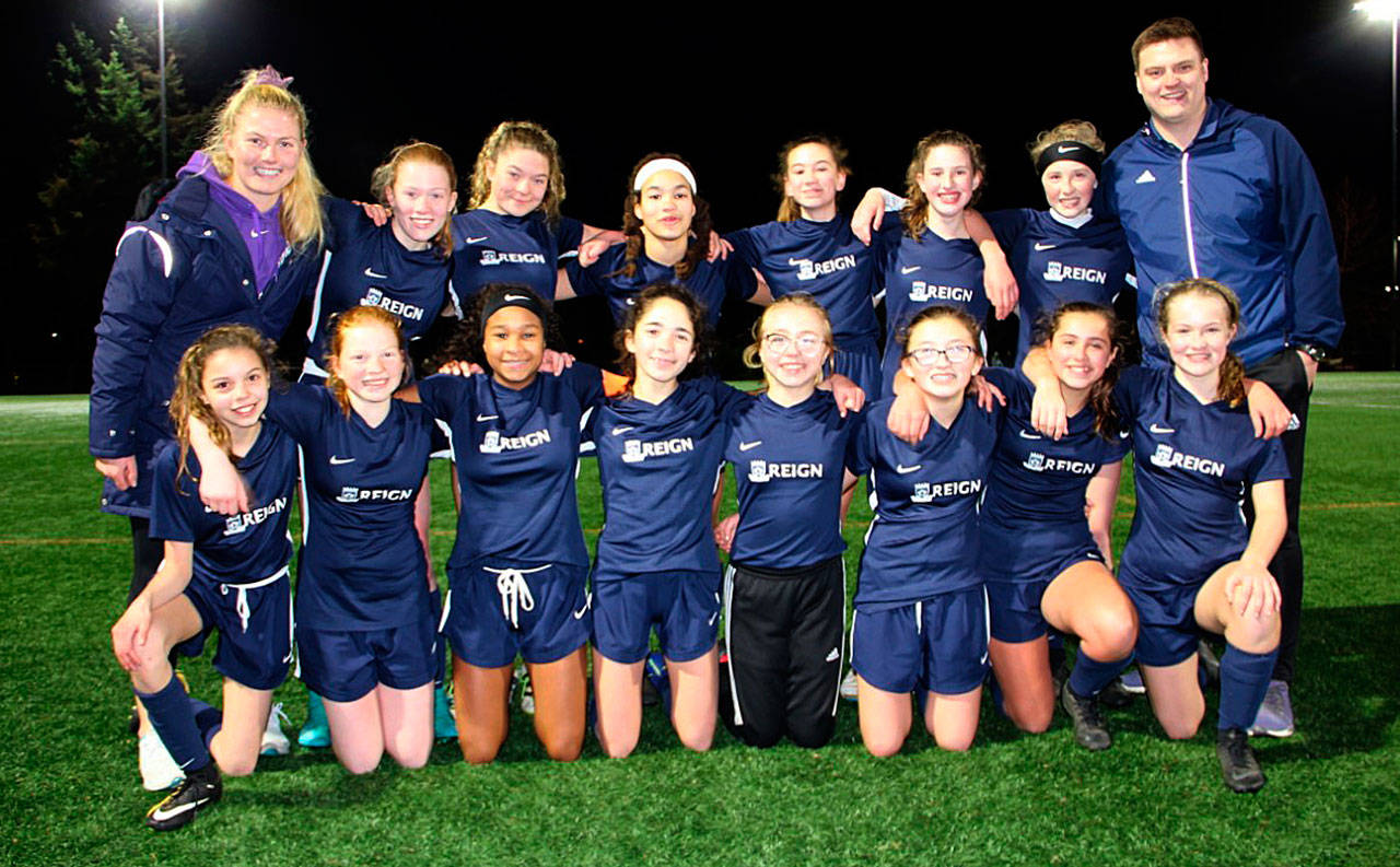 The South Whidbey Reign are all smiles after winning in the state U14 semifinals last week. (Submitted photo)