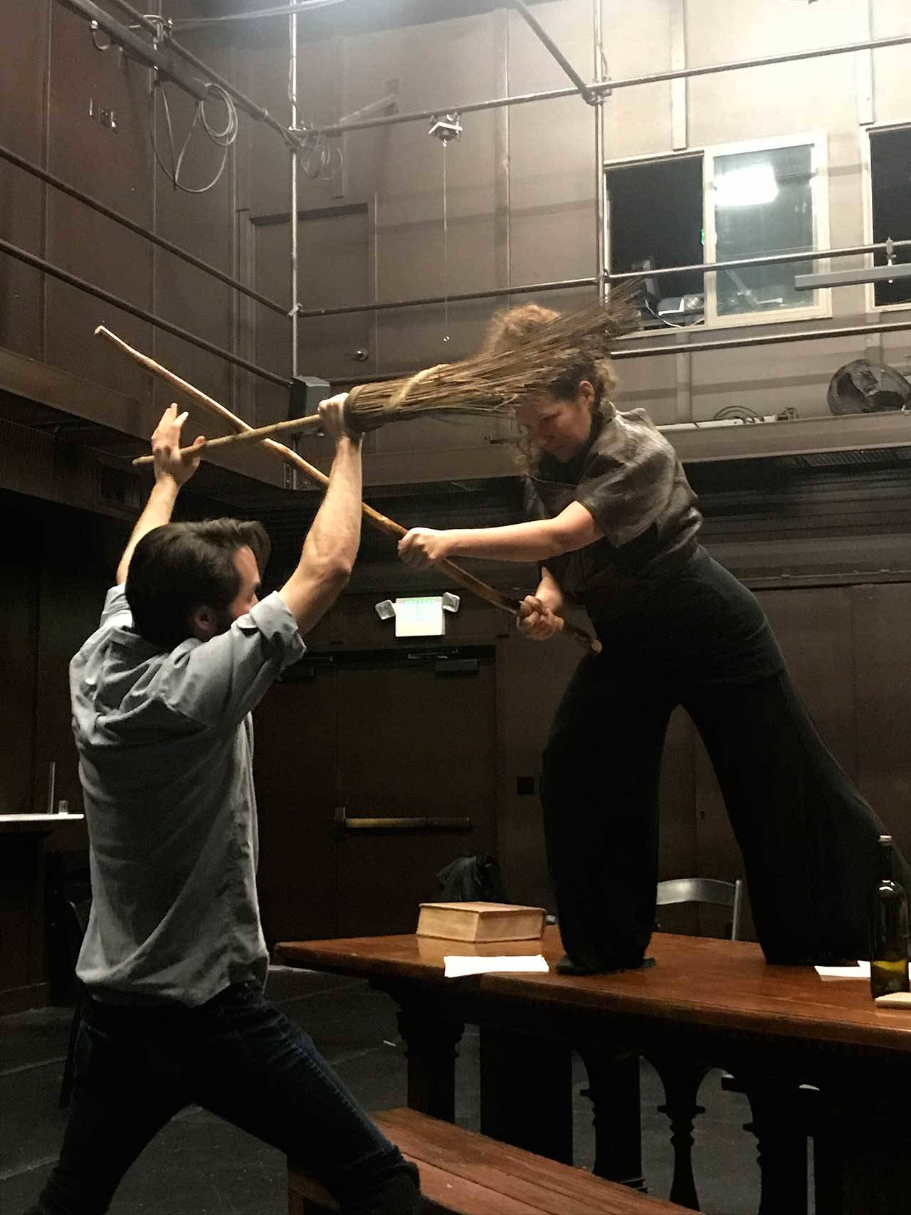 Isis Phoenix as Hippolyta and Jeremy Thompson as John Heminges/Theseus rehearse for “Shakespeare’s Other Women.” The play runs Thursday-Sunday, February 8-24, at Whidbey Island Center for theArts’ Zech Hall in Langley. (Photo provided)