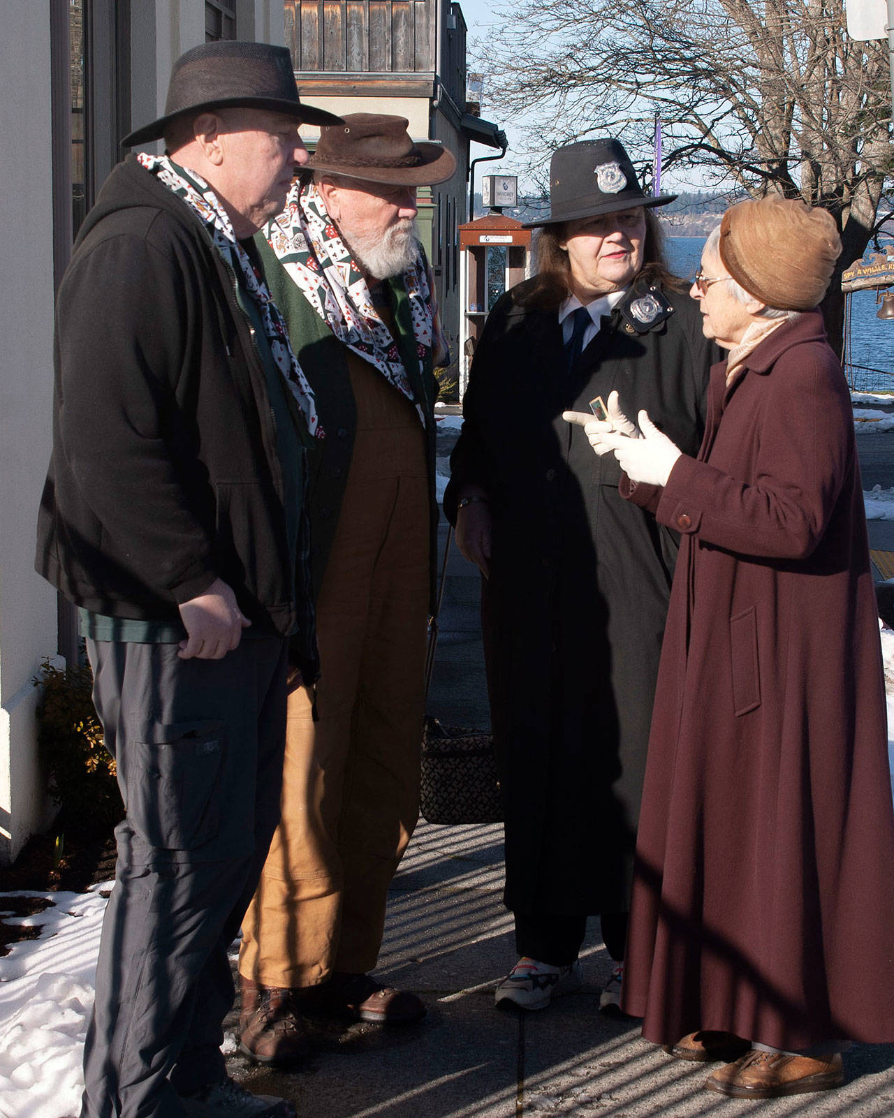 The 35th Mystery Weekend production, Killing Time stars the usual suspects, left to right 49ers D.D. Worbux (Wayne Furber), C.Z. Cash (Fred ONeal), Officer Polly Graph (writer Loretta Martin) and amateur detective and mystery writer Hagatha Kisstea (Chris Williams). They converge at the scene of the crime, Rob Schouten Gallerys Sculpture Garden in downtown Langley. Photo provided