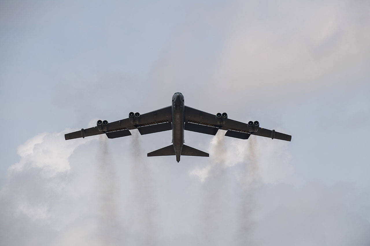 A B-52 Stratofortress takes off during a training mission at Barksdale Air Force Base, Louisiana in October. – U.S. Air Force photo by Airman 1st Class Tessa B. Corrick