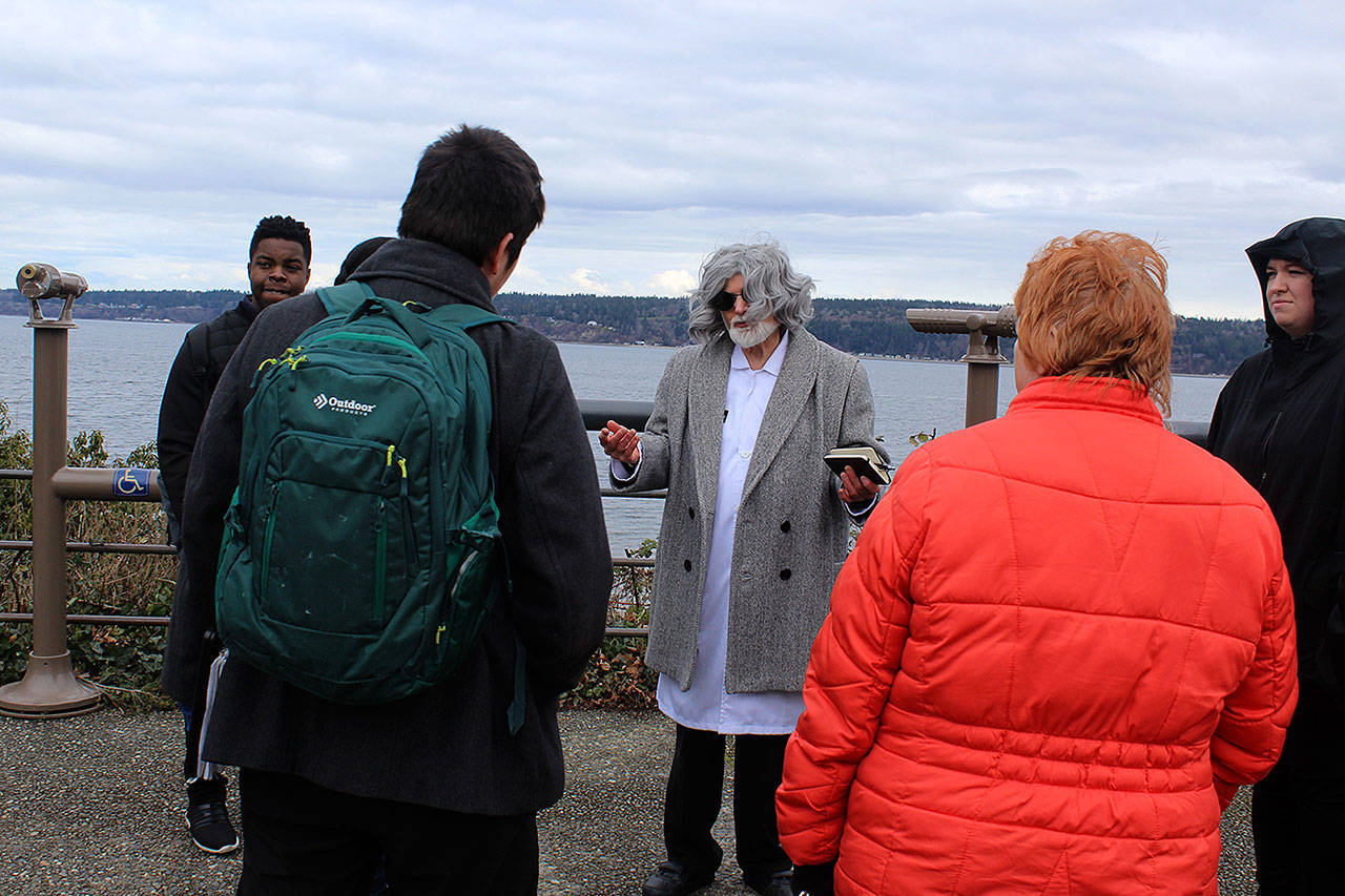 Otto Einstein, cousin of the famous scientist and a victim of mistaken identity, asks visitors about the mechanics of a time machine so he can return home. Einstein is known as J. Scott Williams in other dimensions. (Photos by Patricia Guthrie/Whidbey News Group)