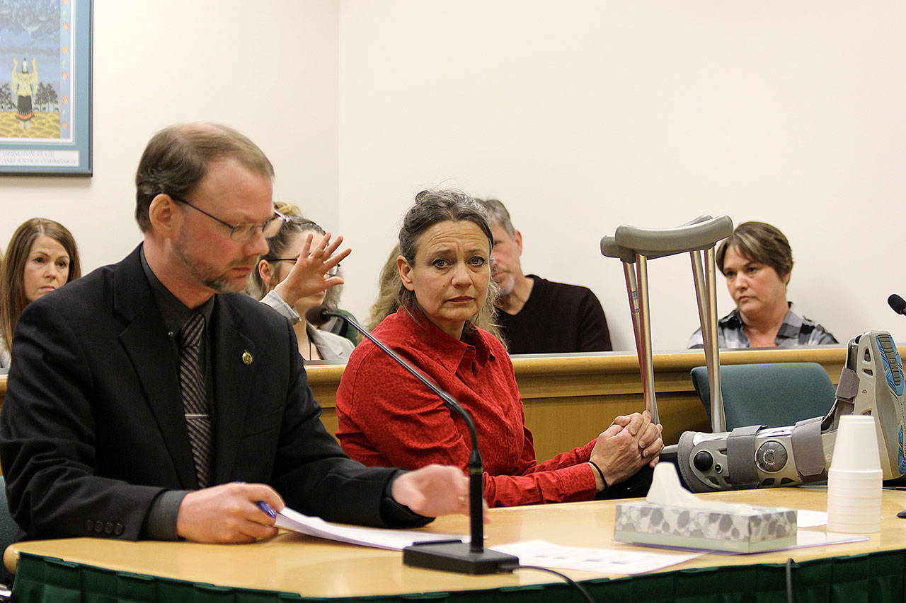 Michelle Nichols, sitting next to attorney David Carman, was sentenced Monday for vehicular homicide. (Photo by Jessie Stensland / Whidbey News Group)