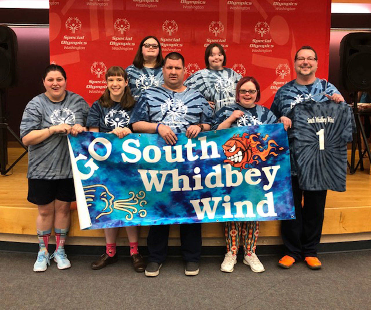 The South Whidbey Wind 1 are the state Special Olympics champion in the basketball skill division. Back row, left to right: Ambria Labadens-Willis and Zoe Thompson; front row: Stacie Lanners, Julietta Cedar, Ryan Hagar, Dagny Schellenberg and coach Steve Thompson. (Submitted photo)