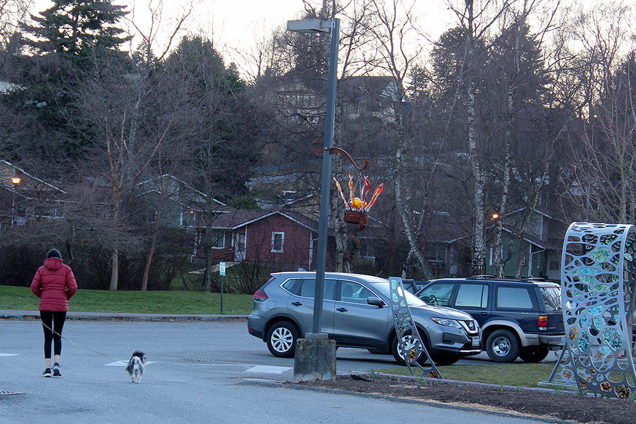 A woman walks her dog near Brookhaven, where an alleged attack by an unattended dog may lead to a tougher leash law within the city limits of Langley. (Photo by Patricia Guthrie/Whidbey News Group)