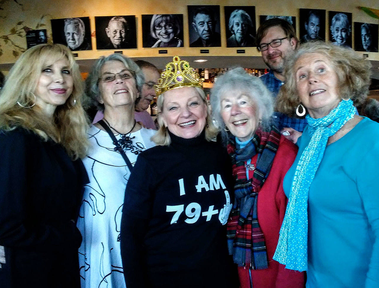 More than four dozen friends surprised Cynthia Tilkin recently for her 80th birthday celebration at Village Pizzeria. The party was organized by staff for her store, In The Country. Surrounding the birthday gal (wearing the crown) are Fiorella Coleman (left), Suzanne Dobrin, Kitty Walker (right of Tilkin) and Susanne La Chasse (far right). (Photo provided)