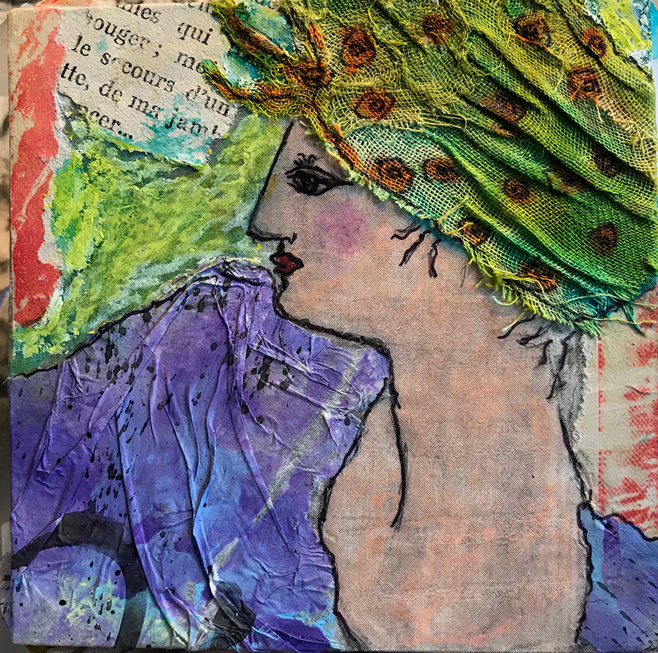 “Woman in Band” by Sydnee Elliot, an artist who weaves together bits and pieces of history and the emotional scraps of memories to create collages and mixed media. Her work will be featured during April at Raven Rocks Gallery at Greenbank Farm. Second Saturday reception is 2-5 p.m. on April 13.