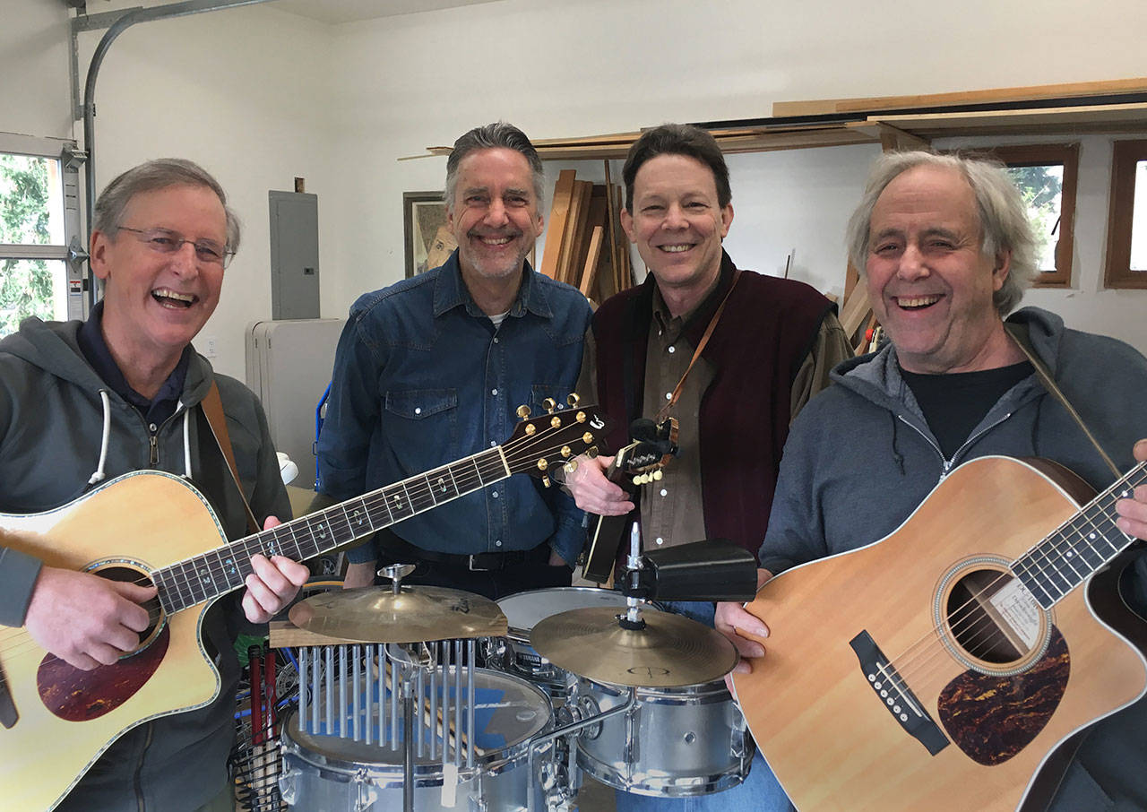 Tom Walker, left, Russ Link, Randy Hudson and Tom Fisher are The Rural Characters, circa 2019, coming together April 7 for a Clinton Community Hall benefit performance. They hope to put “the septic slush fund over the top but not above ground.” (Photo provided)