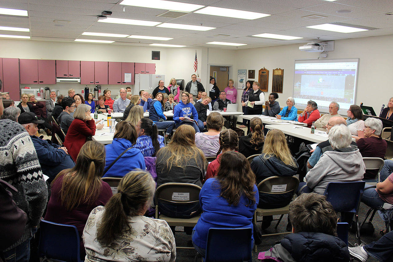 Student bullying, special education concerns and administrative salary increases topped the list of concerns of about 80 South Whidbey residents who turned out for a standing-room only community forum Wednesday night with the school board. (Photo by Patricia Guthrie/Whidbey News Group)
