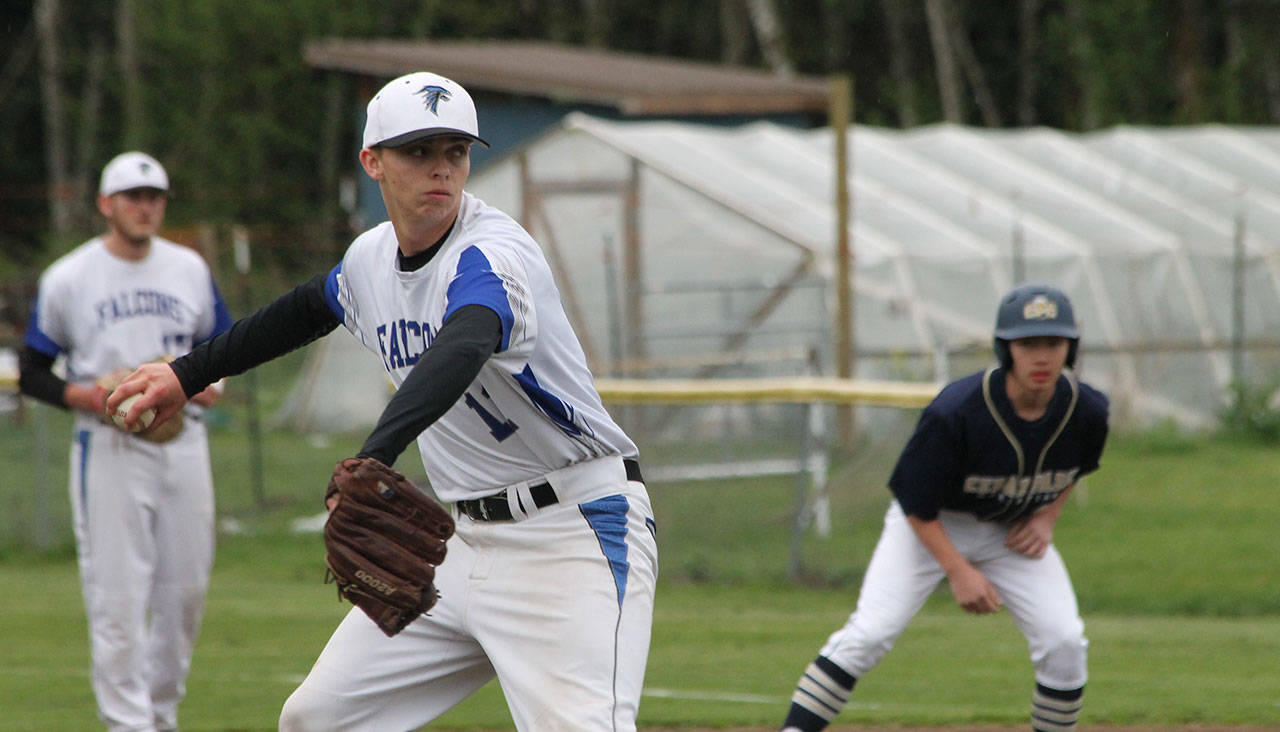 Ethan Petty delivers a pitch for the Falcons.(Photo by Jim Waller/South Whidbey Record)