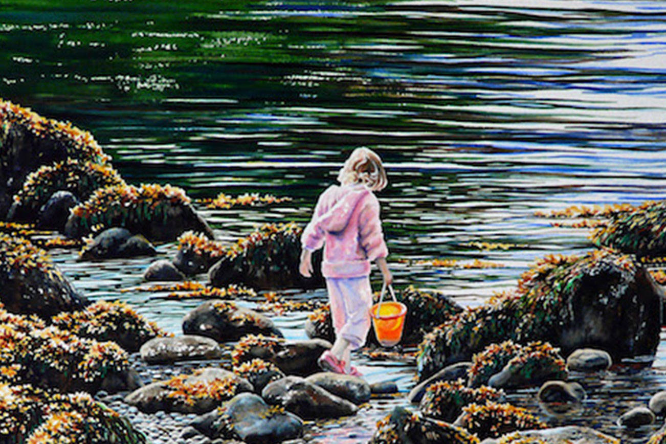 “Tide Pool Girl,” watercolor by Peggy Woods, new exhibit at Rob Schouten Gallery.