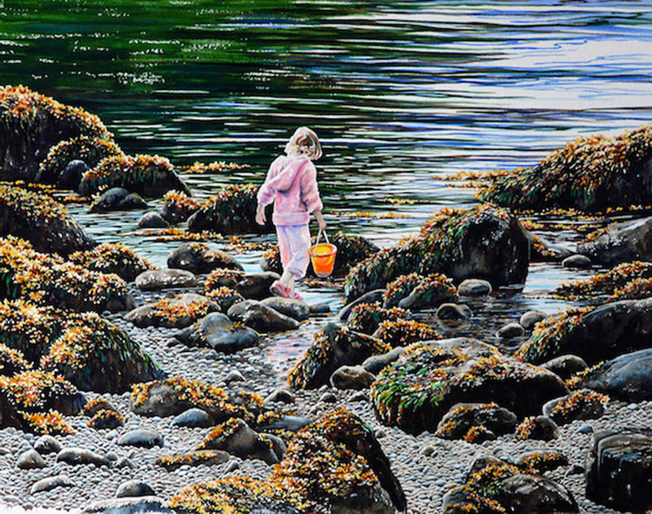 “Tide Pool Girl,” watercolor by Peggy Woods, is part of a new exhibit at Rob Schouten Gallery.