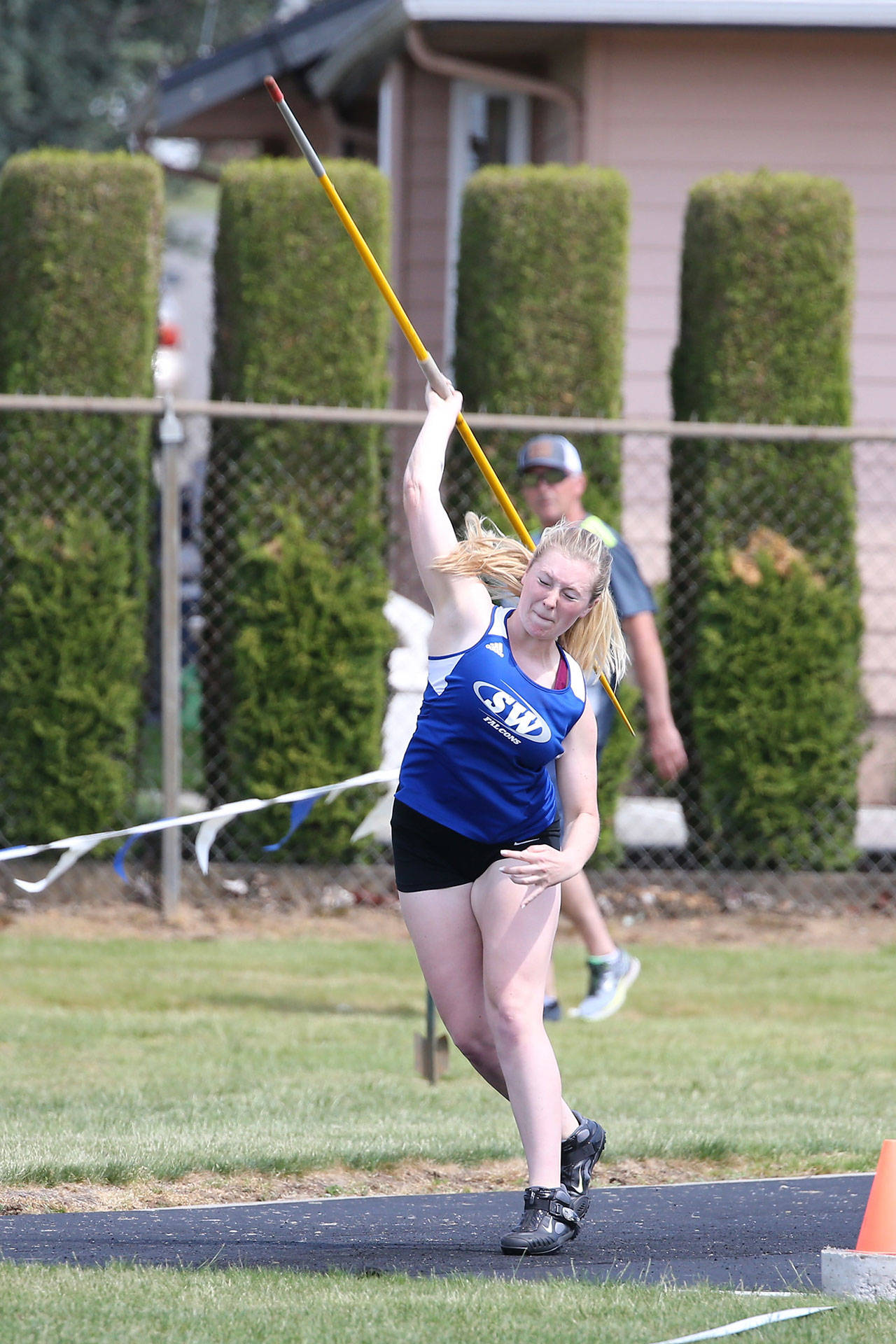 Maddy Drye lets the javelin fly.(Photo by John Fisken)