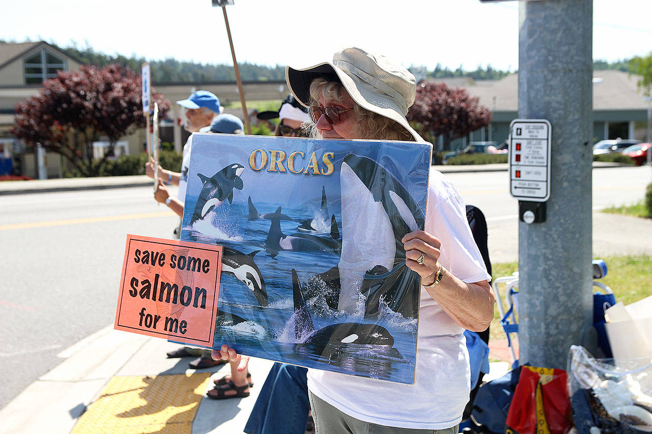 Photo by Laura Guido / Whidbey News Group                                Shari Devlin displays her sign in Coupeville Saturday.