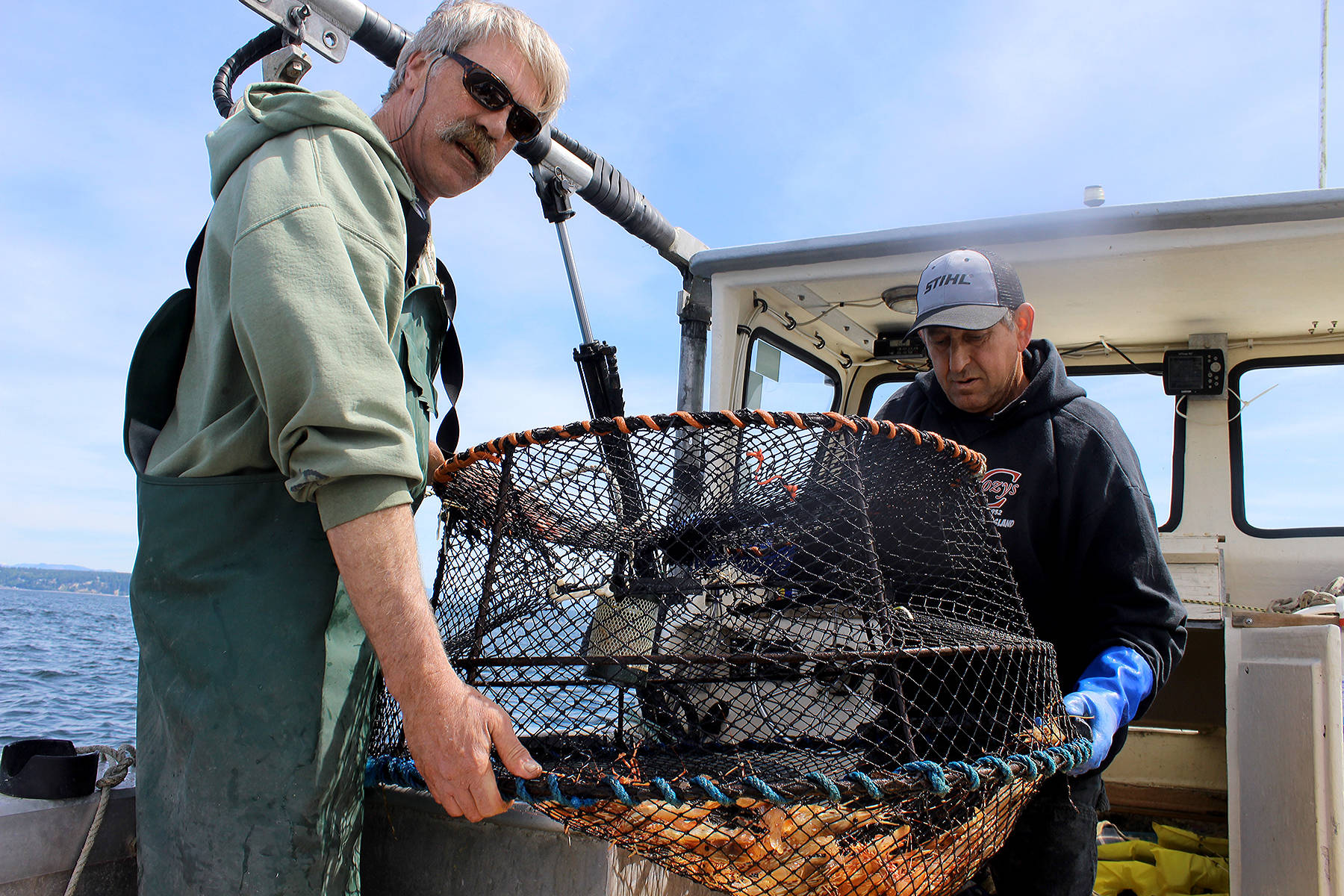 John Norris, left and Dean Meranto find some spot shrimp in one of four pots they placed near Sandy Point Wednesday, which was the last day of the two-day shrimp season. (Photo by Patricia Guthrie/Whidbey News Group)