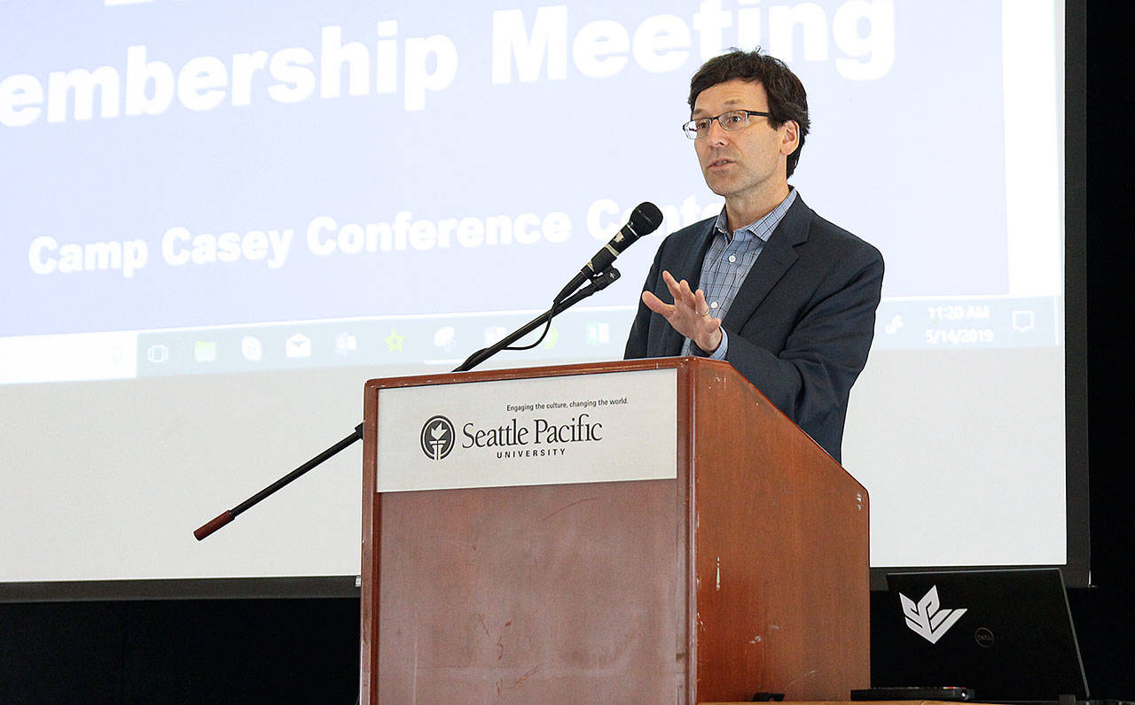Attorney General Bob Ferguson speaks Tuesday at an Economic Development Council of Island County meeting at Camp Casey Conference Center. Photo by Laura Guido/Whidbey News-Times