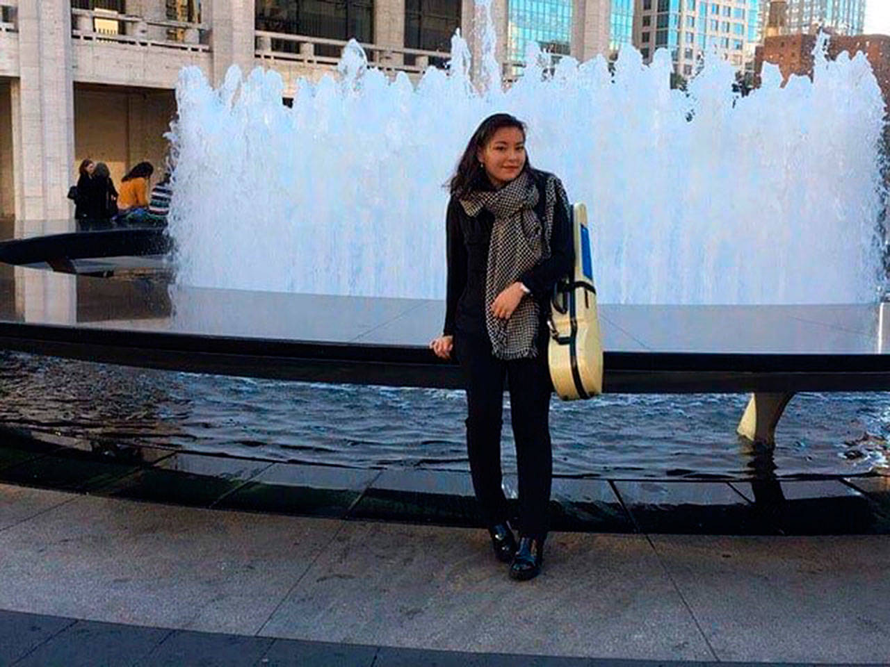 Mira Yamamoto in front of the Lincoln Center Fountain in New York City. She graduated from Juilliard School May 24. Photo provided
