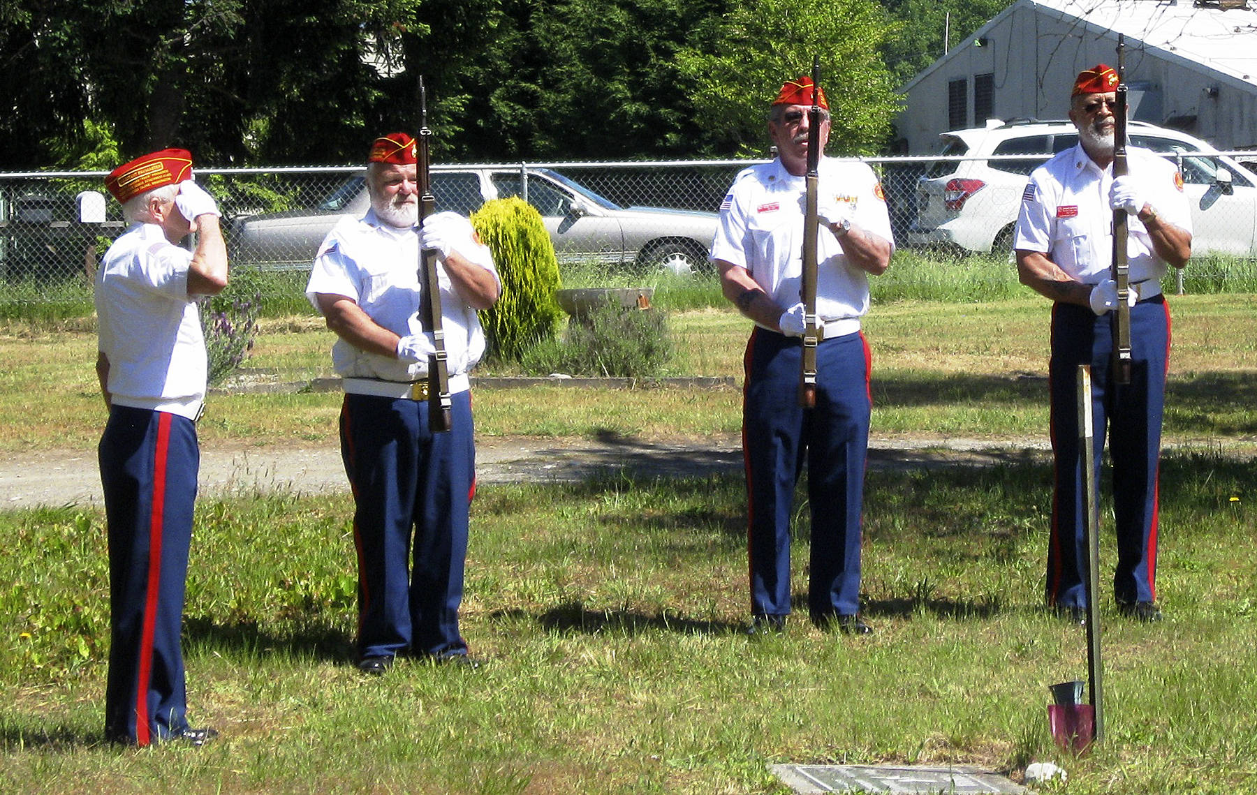 Memorial Day ceremonies at Bayview Cemetery featured a 21-gun rifle salute by members of the Marine League of South Whidbey. The League conducts the event each year to honor those who have died in combat.                                (Photos by Dave Felice/for the South Whidbey Record)
