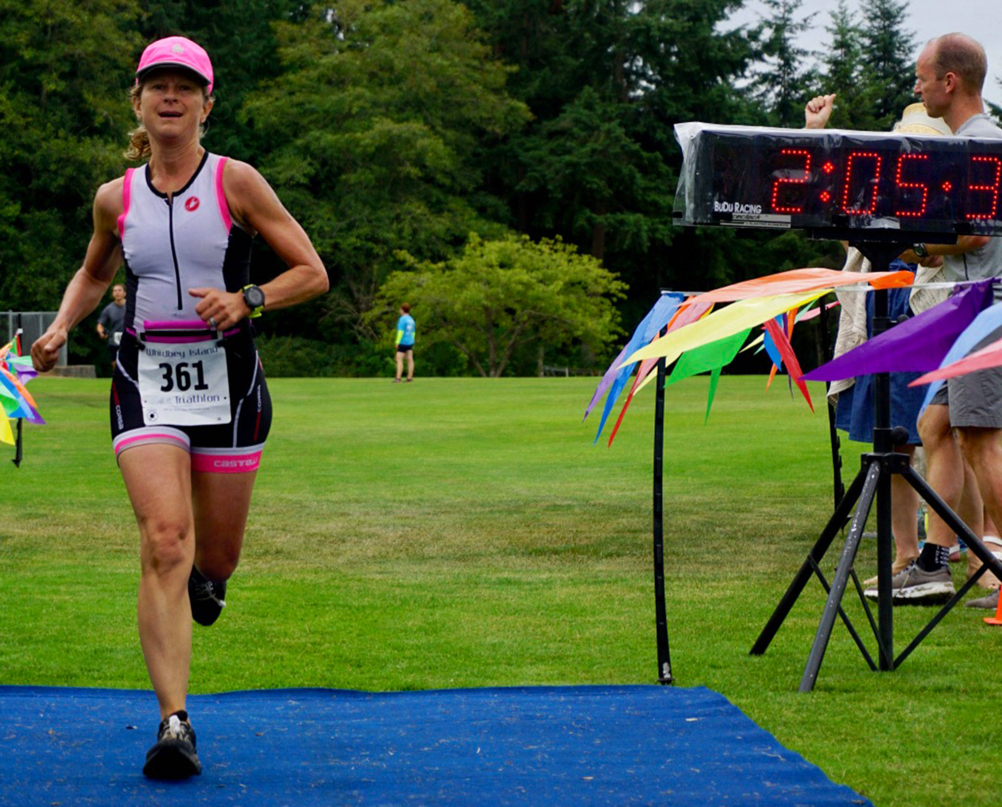 Brenda Lovie was the top local female finisher in Saturday’s Whidbey Island Triathlon. (Submitted photo)