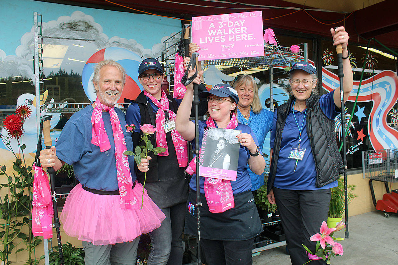 The “Save the Goose” team prepares for the Susan G. Komen 3-Day Walk for breast cancer awareness. Left to right, Louie Rochon, Michelle Canty, Belinda Permentor, Goosefoot Executive Director Sandy Whiting (not on the team ) and Tinker Iddins. Photos by Wendy Leigh / South Whidbey Record