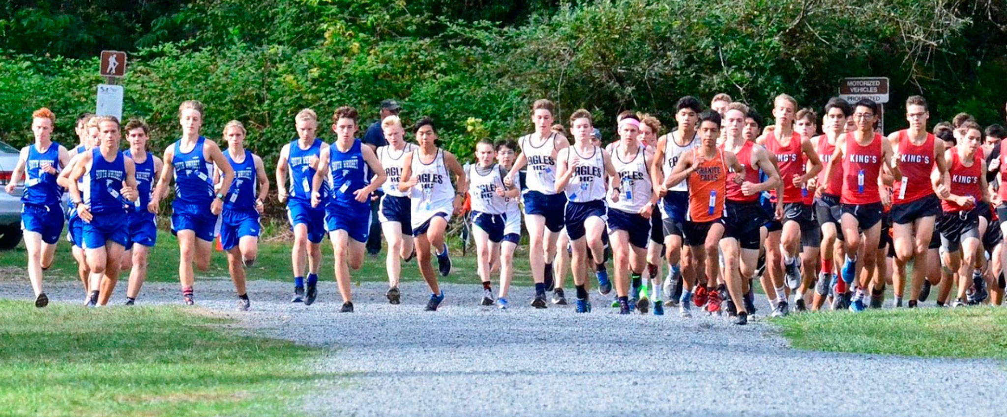 The South Whidbey boys team, left, takes off at the start of Thursday’s North Sound Conference preview cross country meet. (Photo by Matt Simms)