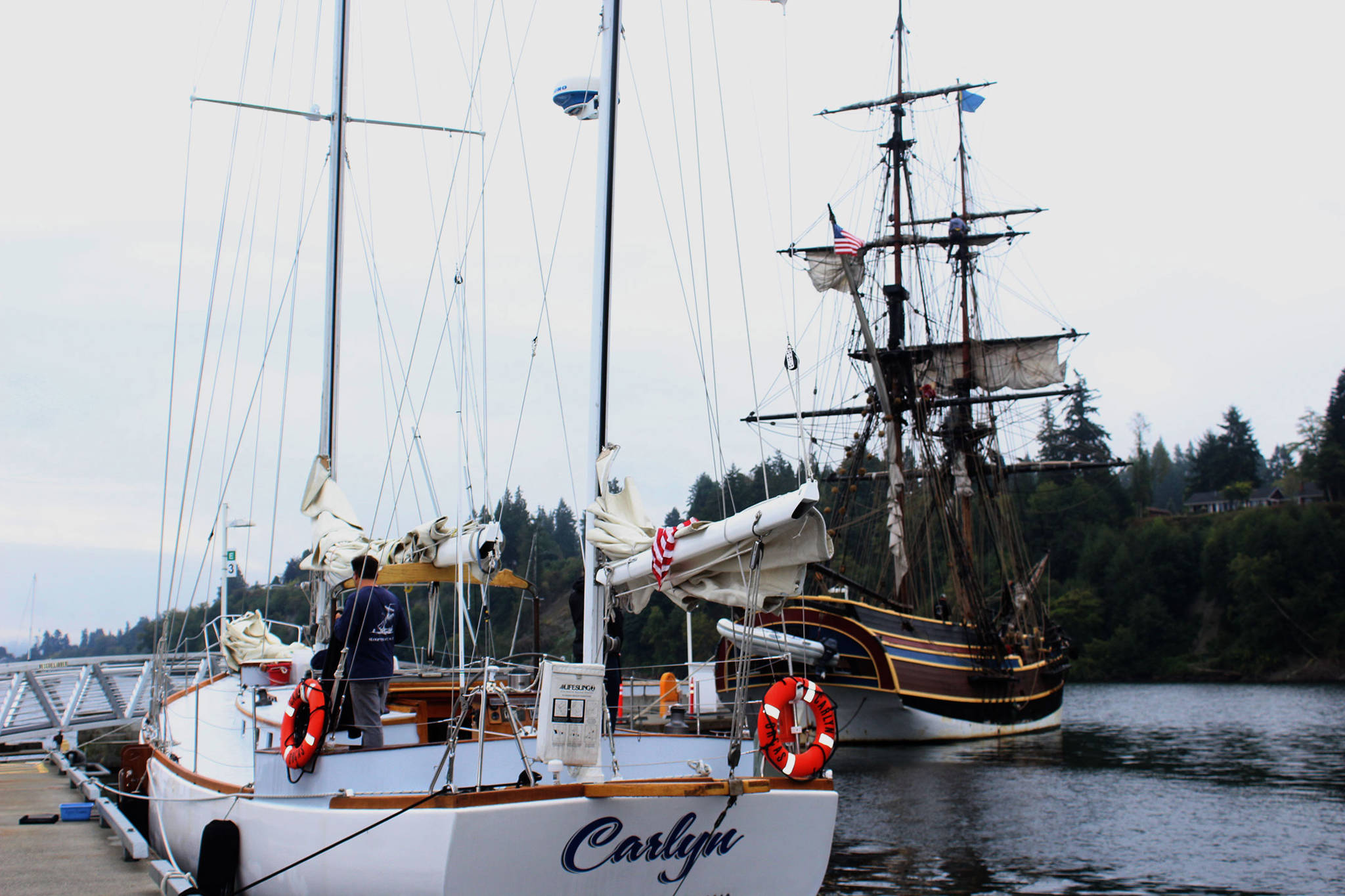 The Carlyn scientific research vessel and Lady Washington historic “tall ship” await students from South Whidbey Elementary school at Langley harbor. Photo by Wendy Leigh/South Whidbey Record.