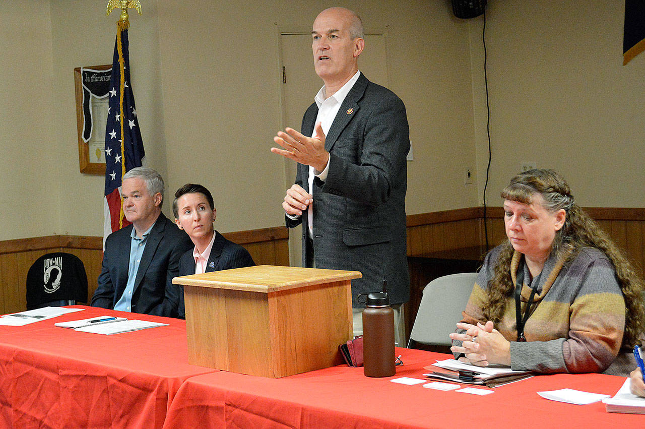 Rep. Rick Larsen speaks at a veteran’s forum held last Thursday. From left, he is joined by Michael Tadych, VA Puget Sound Health Care System; Kristina Messenger, Veterans Benefits Administration; and Randi Bowman, state Employment Security Department. Island County Veterans Resource Coordinator Cynthia Jennings also attended. Photo by Laura Guido/Whidbey News Group