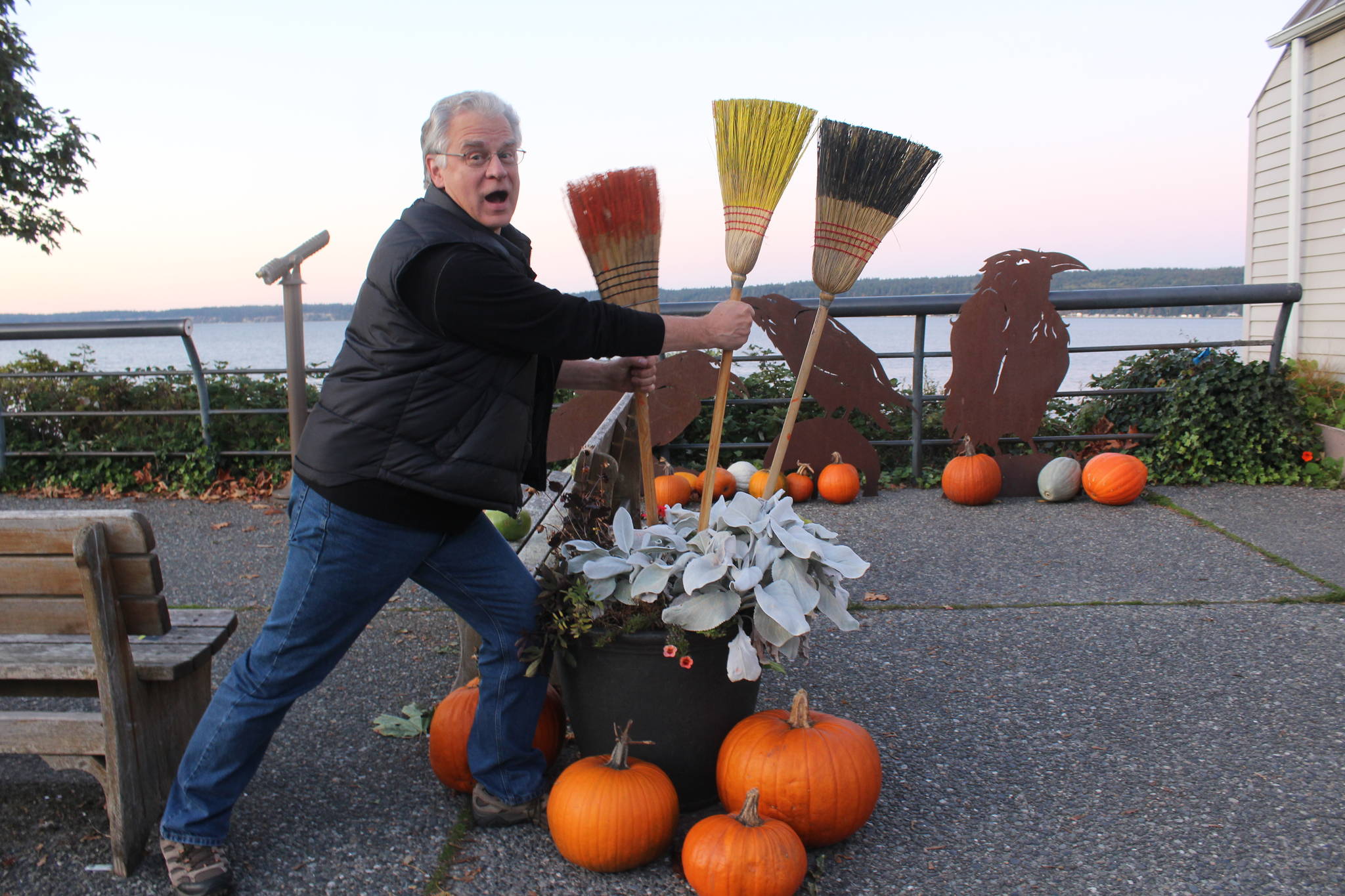 Tom Bindus from Coupeville feels the broomstick magic on 1st Street in Langley, Oct. 9, 2019. Photo by Wendy Leigh / South Whidbey Record                                Tom Bindus from Coupeville feels the broomstick magic on 1st Street in Langley, Oct. 9, 2019. Photo by Wendy Leigh / South Whidbey Record                                Tom Bindus from Coupeville feels the broomstick magic on 1st Street in Langley, Oct. 9, 2019. Photo by Wendy Leigh / South Whidbey Record