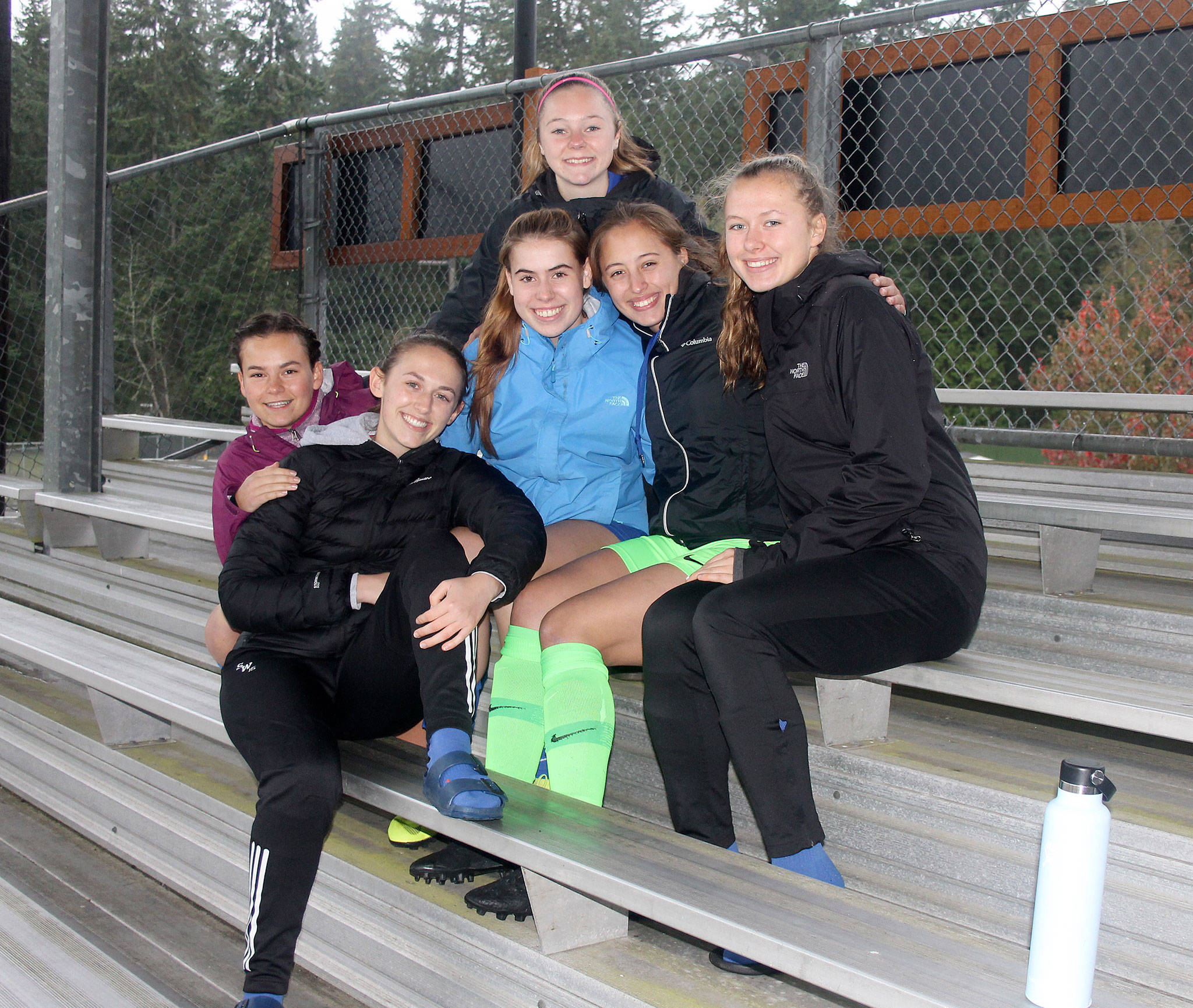 This nucleus of the senior class has lifted the Falcon soccer team to new heights: from the left, Alison Papritez, Ashley Ricketts, Samantha Ollis, Mallory Drye, Nicole Helseth and Lila McCleary. (Photo by Jim Waller/South Whidbey Record)