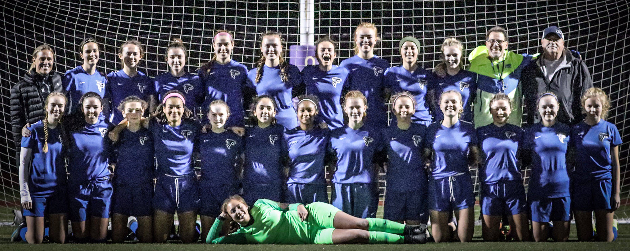 The state-bound South Whidbey High School soccer team — front row: Nicole Helseth; second row, left to right: Sidney Ollis, Kelly Murnane, Abby Amundson, Simone White, Kailey Ricketts, Nikki Murnane, Leniece Gonzales, Elizabeth Haines, Maddy Racicot, Adeline McCleary, Ruby Bond, Mallory Drye, Claire Philp; back row: Anne Haines, Lily Farnham, Ashley Ricketts, Karyna Hezel, Samantha Ollis, Adeline McCleary, Alison Papritz, Juliana Larson-Wickman, Ashton Helseth, Mikenna Wicher, Terry Swanson, Rob Hinkelman.