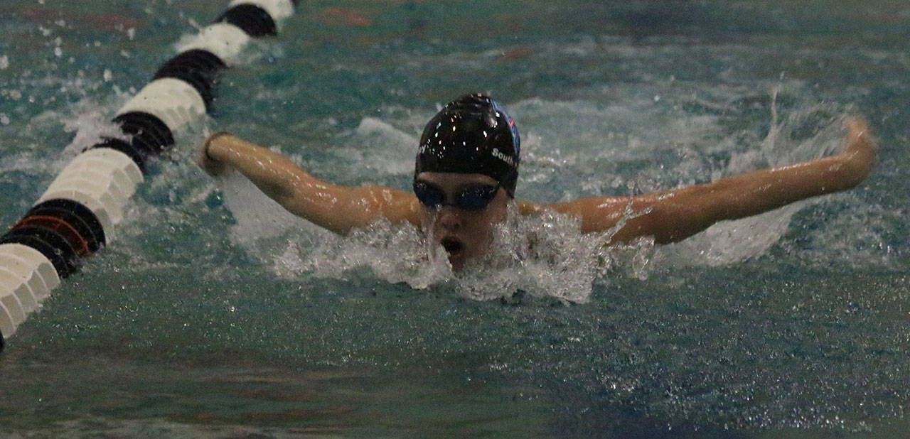 Parker Forsyth swims the butterfly leg in the medley relay Saturday. (Photo by Jim Waller/South Whidbey Record)