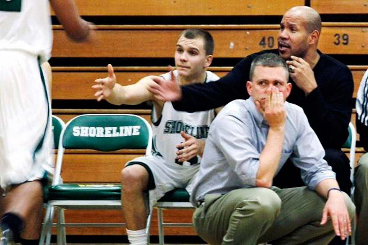 New South Whidbey boys basketball coach Greg Turcott, front, coached at Shoreline Community College with former NBA player Bo Kimble, right. (Photo provided)