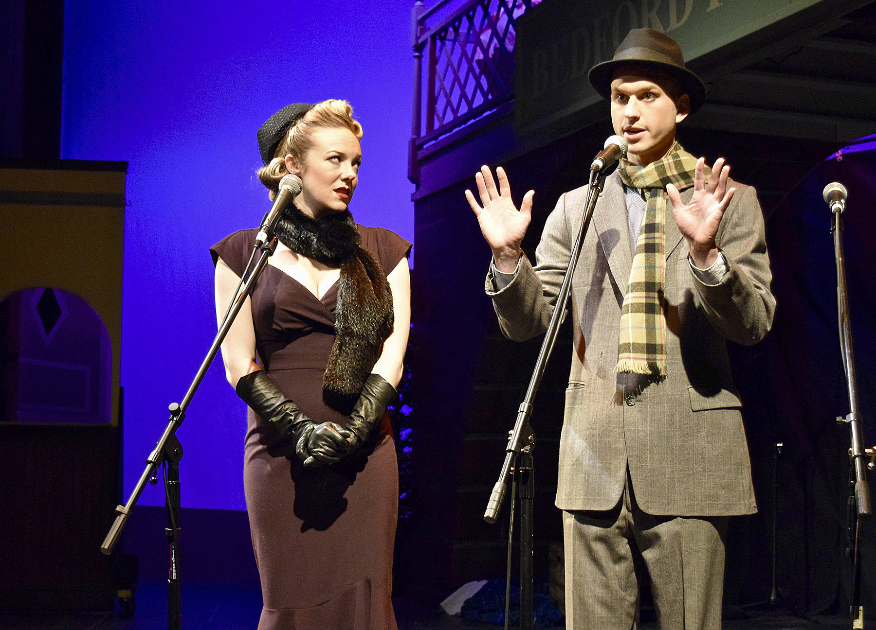 Olena Hodges plays the character, Violet, and Gabe Harshman is George Bailey in the WICA play, “It’s a Wonderful Life.” Photo by Patricia Guthrie