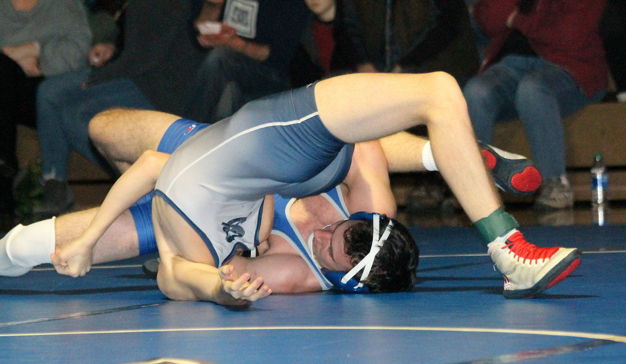 South Whidbeys Drew Aposhyan, right, has Sultans Cooper Johnsen in trouble. (Photo by Jim Waller/South Whidbey Record)