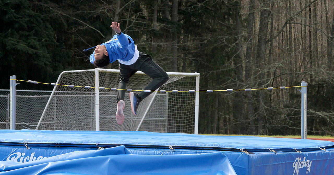 Issiah Gonzales easily clears the cross bar while practicing the high jump this weekend. (Photo by Jim Waller/South Whidbey Record)