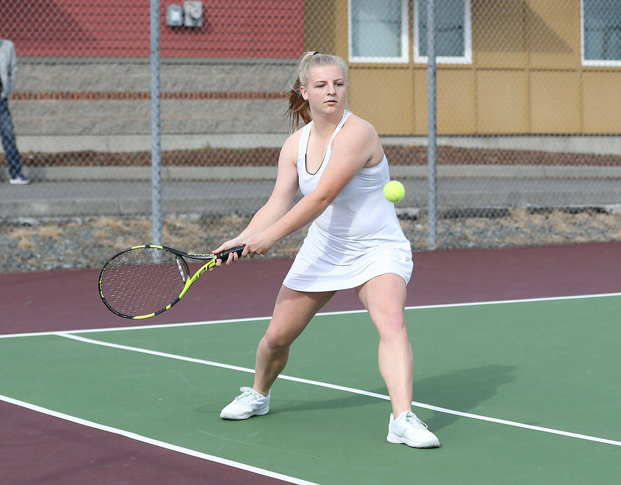Avalon Renninger, shown here, and doubles partner Tia Wurzrainer earned first-team, all-league honors in tennis as juniors.(Photo by John Fisken)