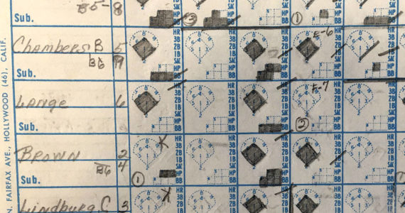 Photo by Jim Waller/Whidbey News-TimesThis shot of an Oak Harbor youth league baseball scorebook shows Steve Lange had a monster day, slugging three home runs for the Angels on July 13, 1964.