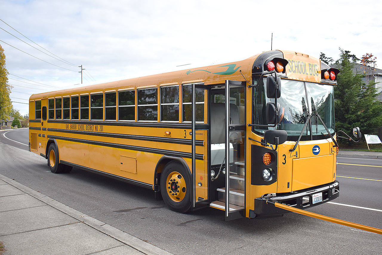Oak Harbor Public Schools bought its first all-electric bus for $387,000, using a state grant of $302,695 to cover part of the cost. Photo by Emily Gilbert/Whidbey News-Times