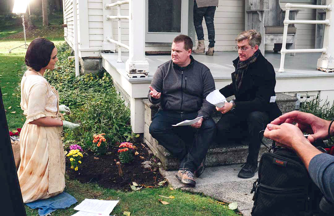 Lead actress Shannyn Sossamon talks with filmmakers Andrew Morehouse, left, and Nate Bell while filming The Hour After Westerly at the Fort Casey Inn. Photo by Wes Anthony/Firehouse Creative