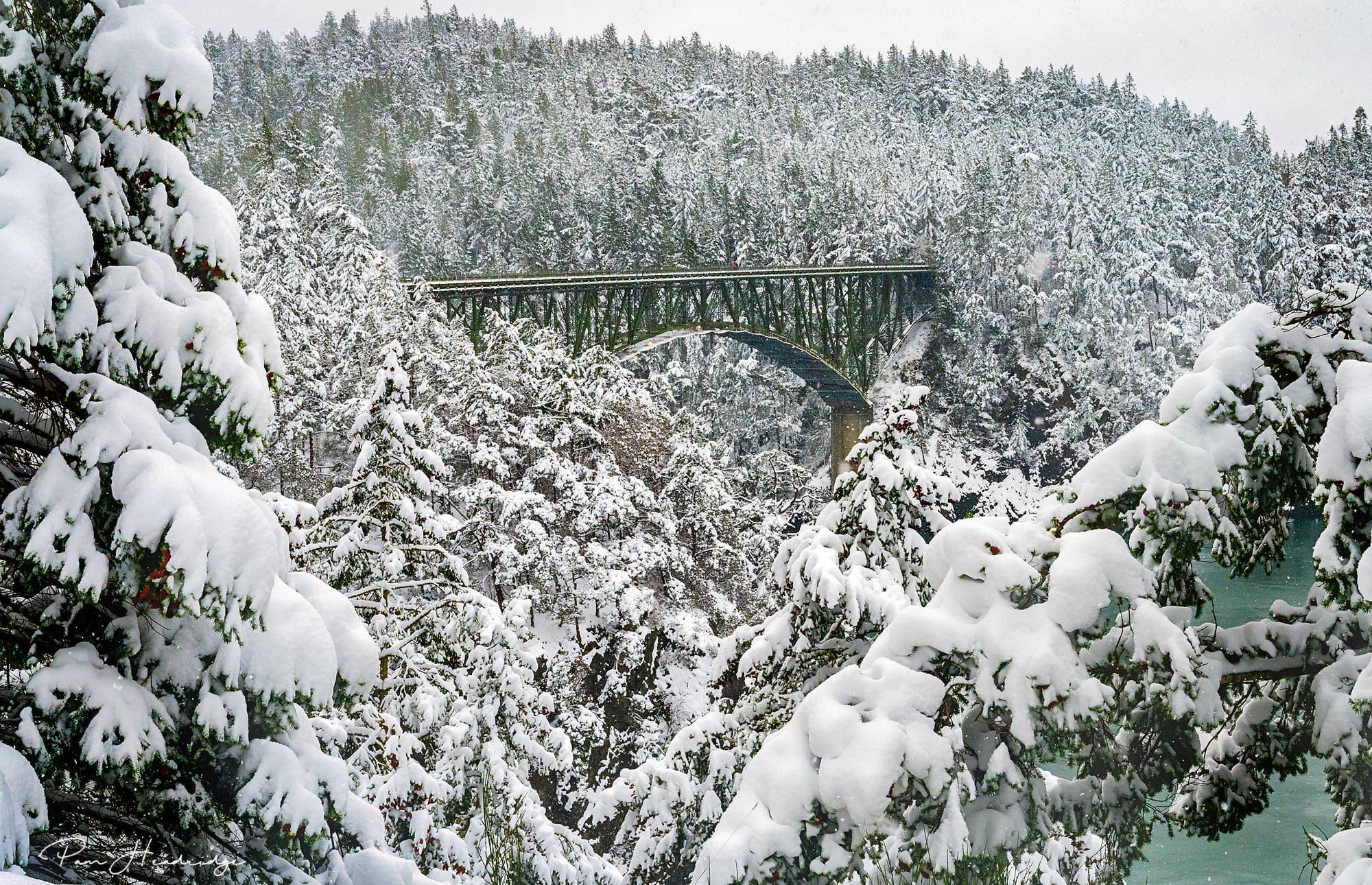 Oak Harbor photographer Pamela Davis Headridge captured this image of Deception Pass and the surrounding park blanketed in snow on Sunday, Feb. 14 from the north side of the bridge. Photo by Pamela Davis Headridge