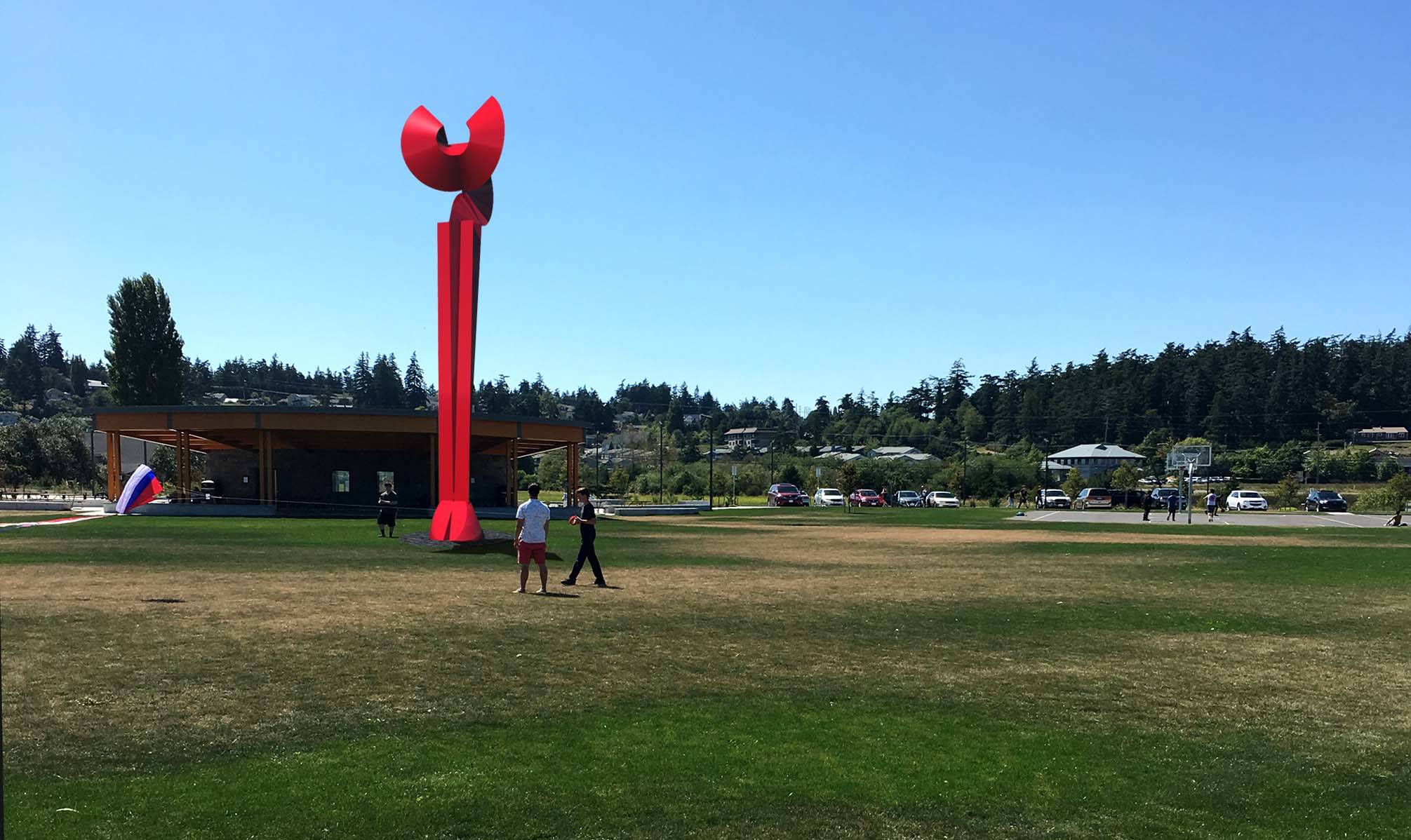 The ‘Angel de la Creatividad’ sculpture is currently bright red, but it is unknown whether it will stay that color if it is installed in Oak Harbor. Rendering provided