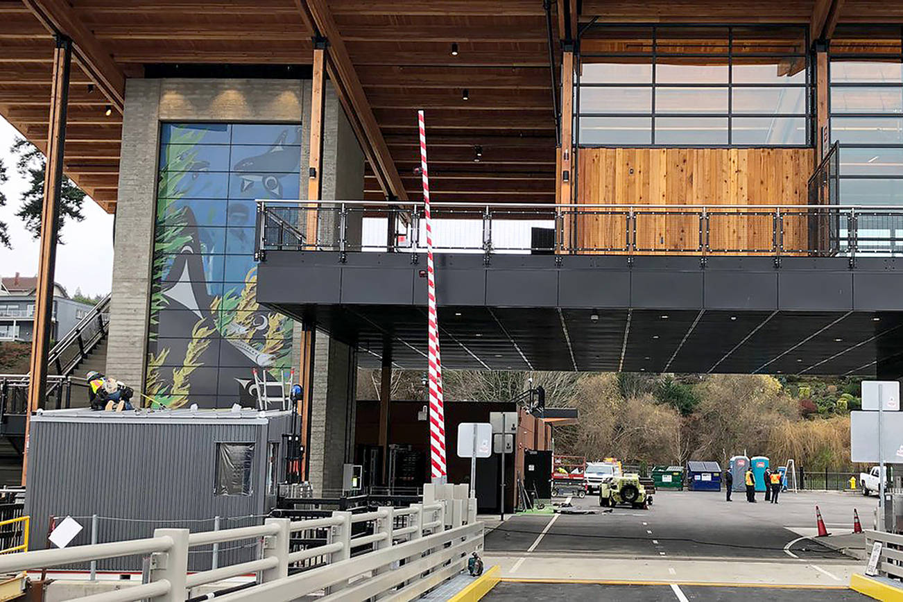 The new Mukilteo terminal's east elevators (left near stairs) are now open. They're located just a few steps from the transit center. (Washington State Ferries)
