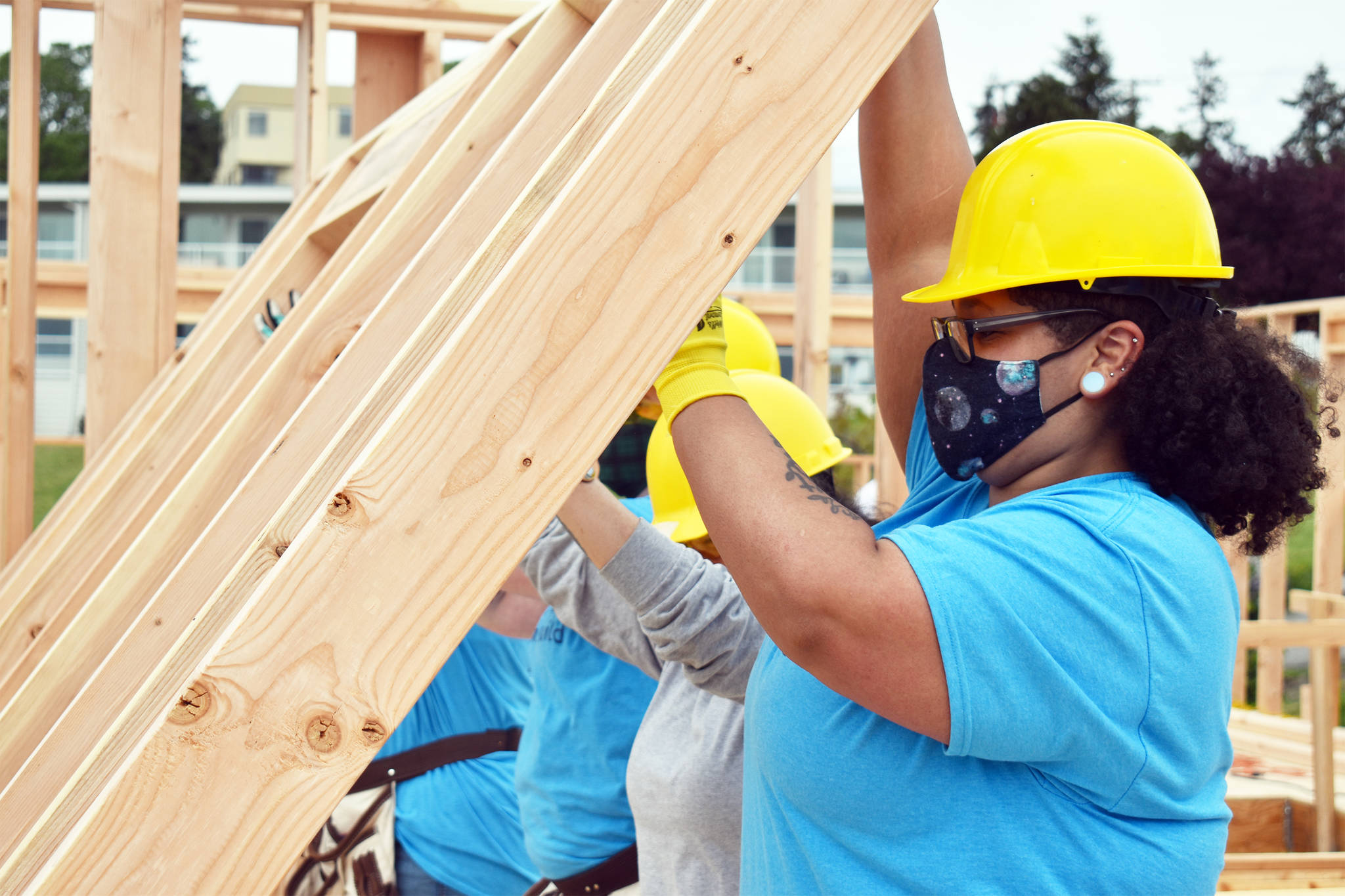 Photo by Emily Gilbert/Whidbey News-Times
Brittany Darby helps raise a wall at Habitat for Humanity of Island Countys two townhomes on Southeast 10th Avenue in Oak Harbor during the Women Build event Saturday.