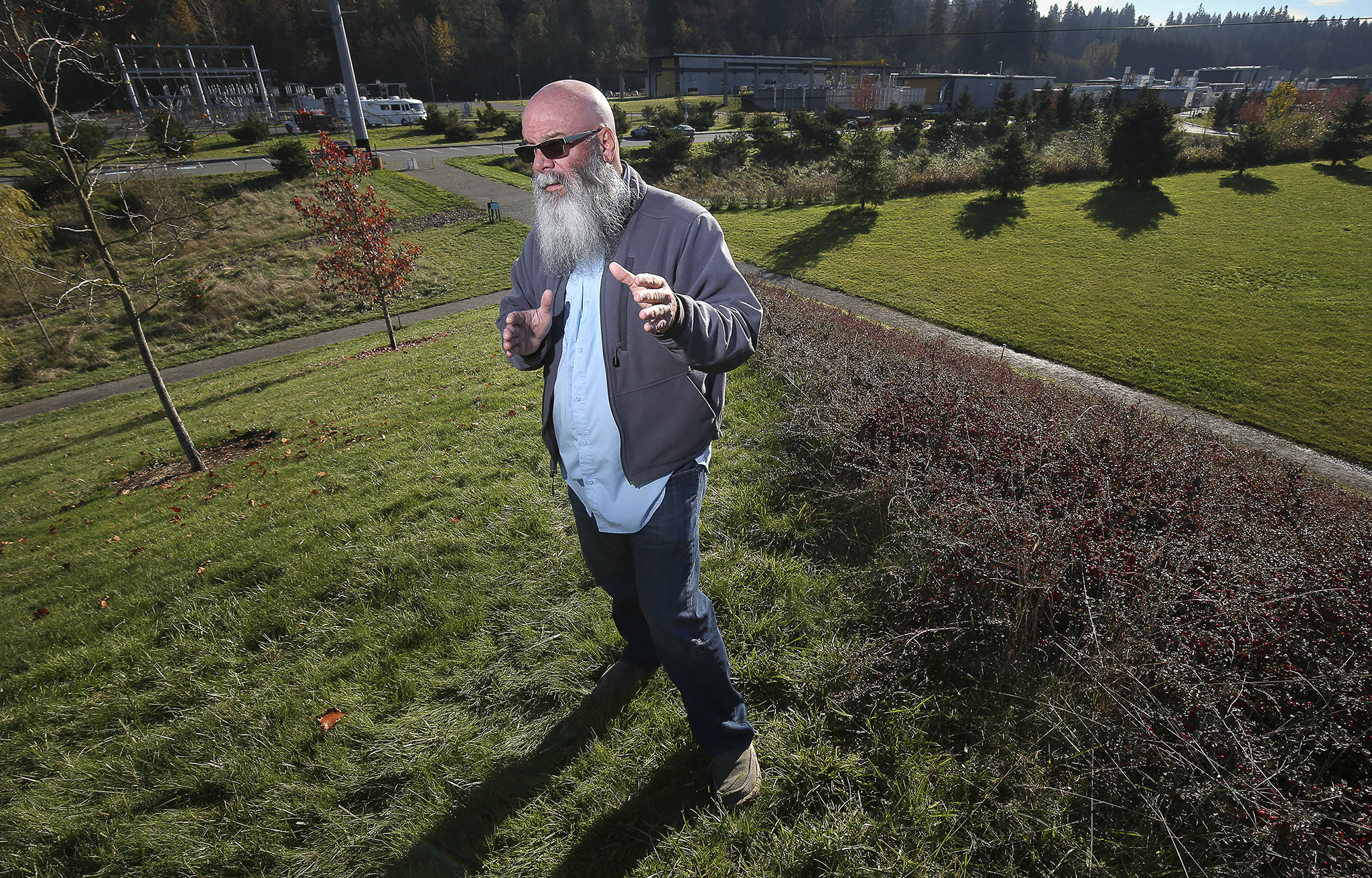 Geoscientist Brian Sherrod stands near where the southern Whidbey Island fault line runs underground, at the Brightwater Treatment Plant in Woodinville, Washington. (Andy Bronson / The Herald)