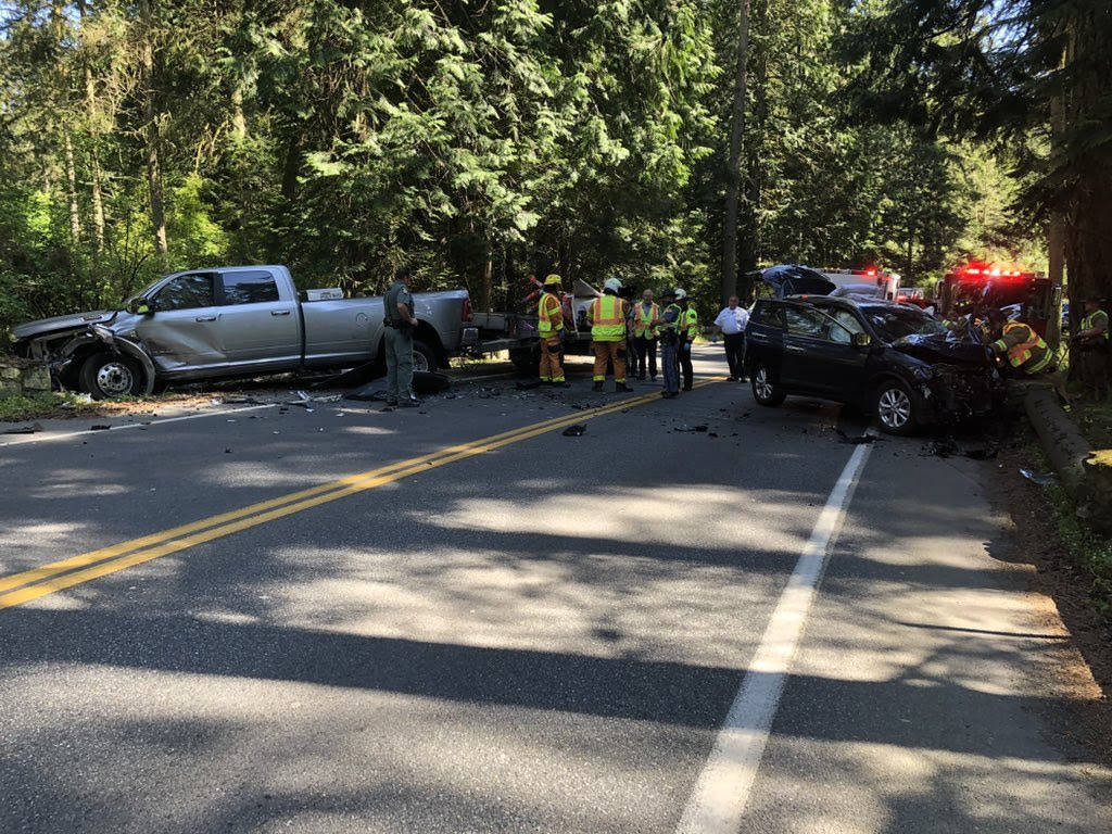 Two Oak Harbor residents were injured when one driver suffered a medical episode and crashed head-on into a pickup truck. The woman was airlifted to the Providence Regional Medical Center in Everett and the driver of the pickup was taken to Island Hospital in Anacortes. (Photo provided by Washington State Patrol)