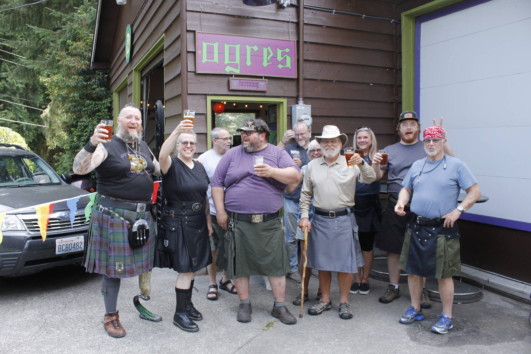 Photo by Kira Erickson/South Whidbey Record
From left to right: Rampant Kilt Society Members Bexar ORiley, Aimee Shand, Phil Timm, Royce Baker, Dustin Yongue, Gayle and Craig Swanson, Cindi Crowder Rausch, Alex Beust and Will Sperling.