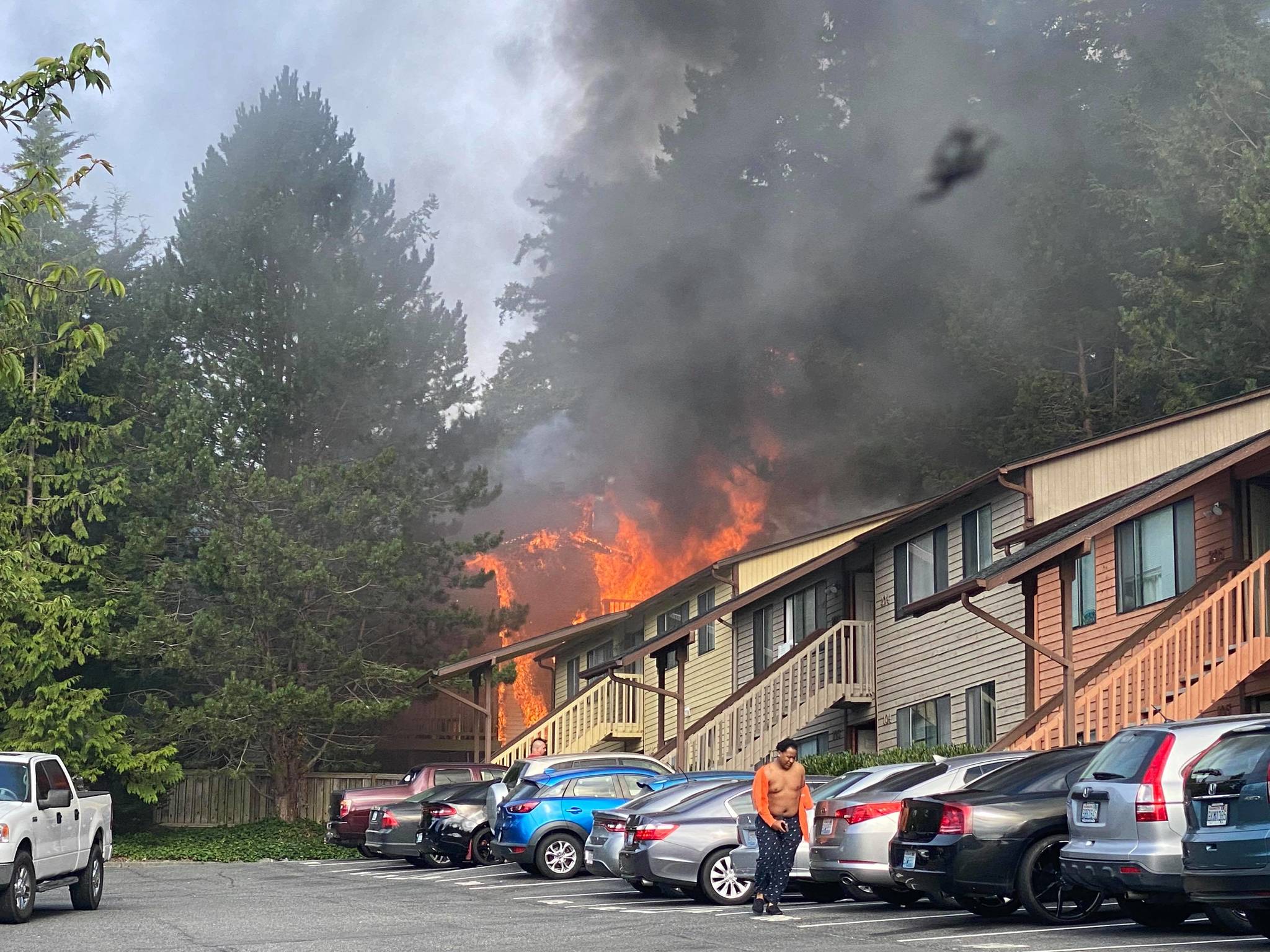 Photo by Rebecca Powers
Nine people are without their homes after a fire burned through several apartments on Northwest Atalanta Street in Oak Harbor Sunday morning.